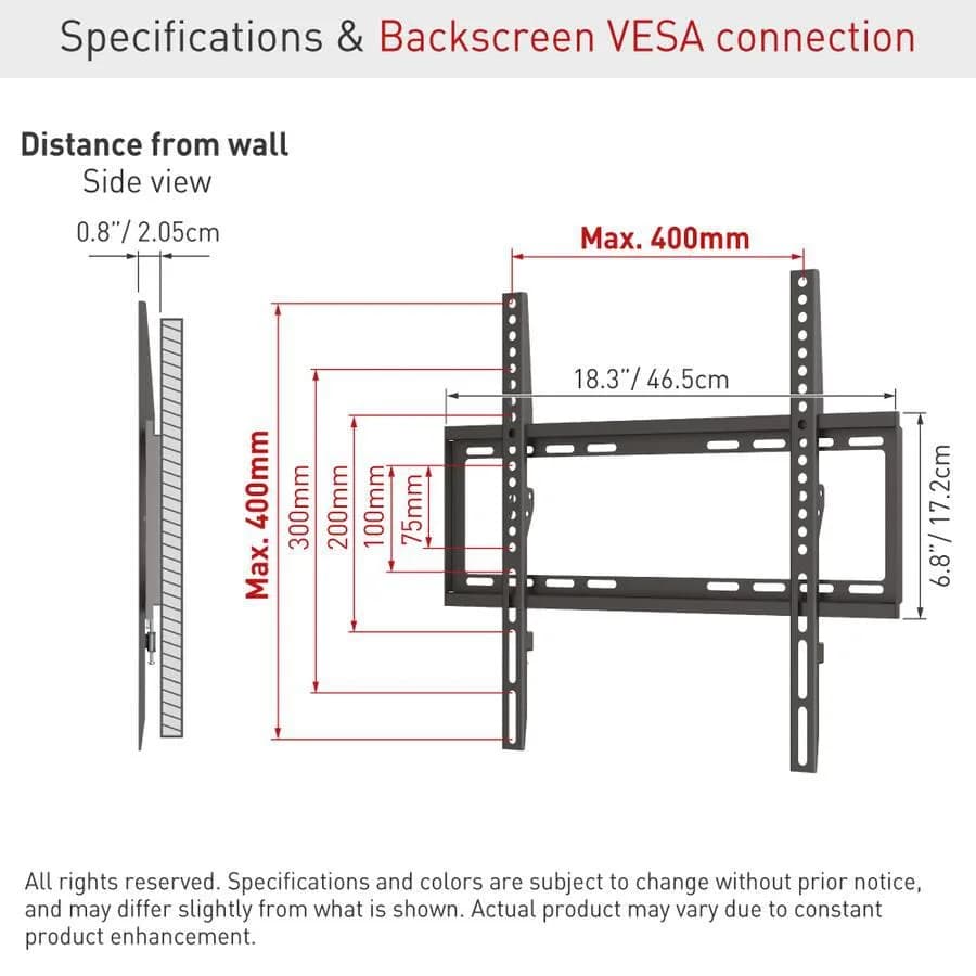 Suport TV de perete Barkan fix, compatiblitate ecran 13-65", greutate maxima suportata 50kg, VESA 75x75~400x400, negru — miniatură