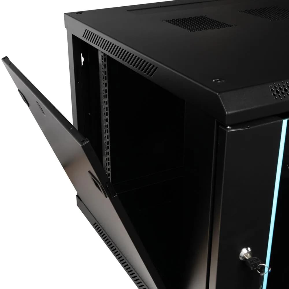 CABINET 19″ SPACER 9U 600x600mm, fixare pe perete, Flatpack (dezasamblat), Black, usa sticla cu blocare, panouri detasabile, otel 1.5mm, sarcina maxima 60Kg — miniatură