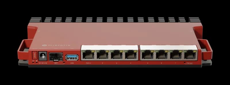 Router wireless Mikrotik L009UIGS-RM, porturi: 8x LAN1x SFP, porturi LAN/WLAN 8x 10/100/1000 Mbps, 1x 10/100/1000/2500 Mbps, procesor Dual- Core IPQ-5018 800 MHz, memorie 512 MB DDR3L, Negru - Rosu