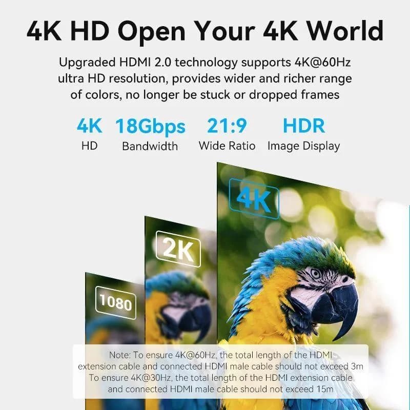 Cablu video prelungitor Vention, HDMI(M) la HDMI(T), 0.5m, rezolutie 4K la 60Hz, negru, "AHCBD" - 6922794766846 — miniatură