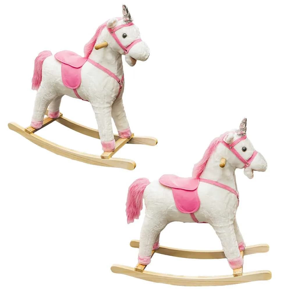 Unicorn balansoar, lemn + plus, roz, 78x28x68 cm — miniatură