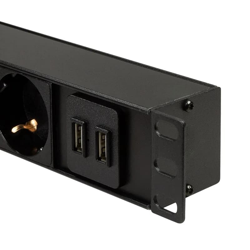 PDU LOGILINK 1U pt. rack 19 inch, 8 prize Schuko, intrare Schuko, max 16 A, on/off, protectie la supratensiune, 2 x USB 2.1A, 2 m, "PDU8C02" — miniatură