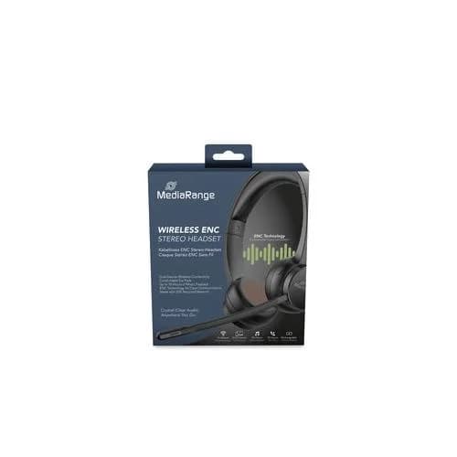 MediaRange Wireless ENC Stereo Headset with rotatable microphone arm, Function Buttons, Rechargeable 400mAh Battery, 2-Device Pairing (BT Ver. 5.2), Black "MROS307"