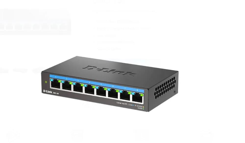 D-LINK DMS-108 UNMANAGED SWITCH 8 PORT, Interfata: 8 x 10/100Mbps/1G/2.5G, Auto MDI/MDIX, Capacitate Switch 40 Gbps, Packet Forwarding Rate: 29.76 Mpps, Dimensiuni: 145 x 82 x 28 mm, Greutate: 343g — miniatură