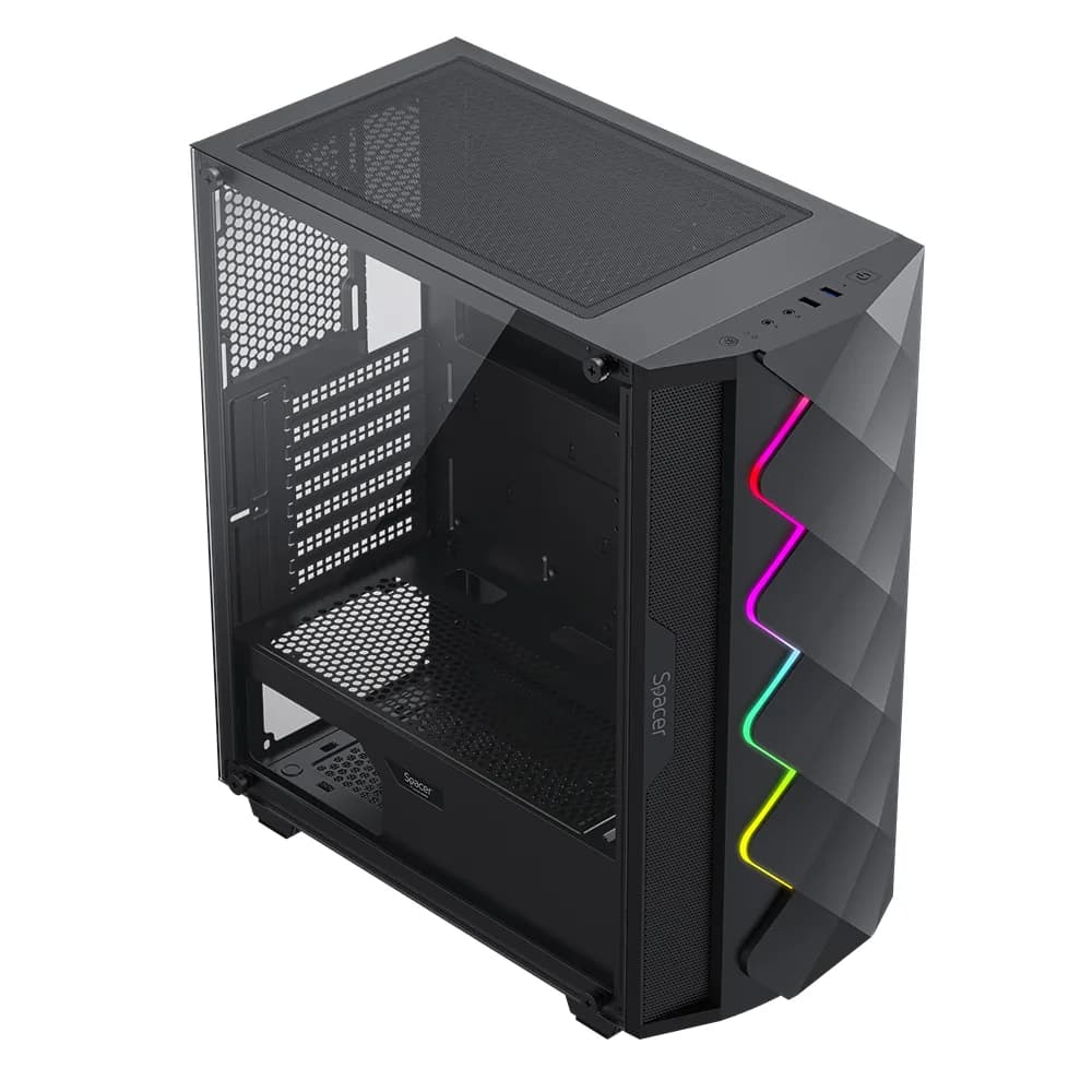 CARCASA SPACER - gaming, Middle Tower, ATX, "QUARTZ", fara sursa, sticla securizata, USB 2.0 x 1, USB 3.0 x 1, HD audio, PSU shroud, banda ARGB, mesh x 2, black "SPCS-GC-QUARTZ" — miniatură