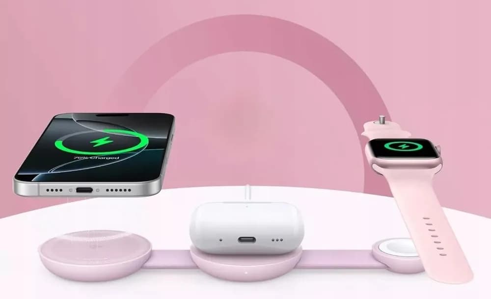 Stand cu incarcare wireless 3 in 1 Anker, MagGo 3-in-1, 15W, portabil, pliabil, fast charge, pentru iPhone seriile 12-16, Apple Watch, AirPods, 1 x USB-C incarcare, roz, "B25M8H51" - 0194644286729 — miniatură
