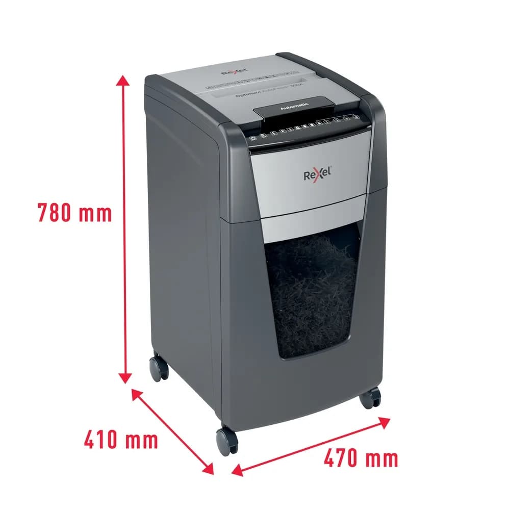 Distrugator automat documente Rexel OPTIMUM 300X, 300 coli, P4, cross-cut (tip confeti), cos 60 litri, negru-gri, "2020300XEU" — miniatură