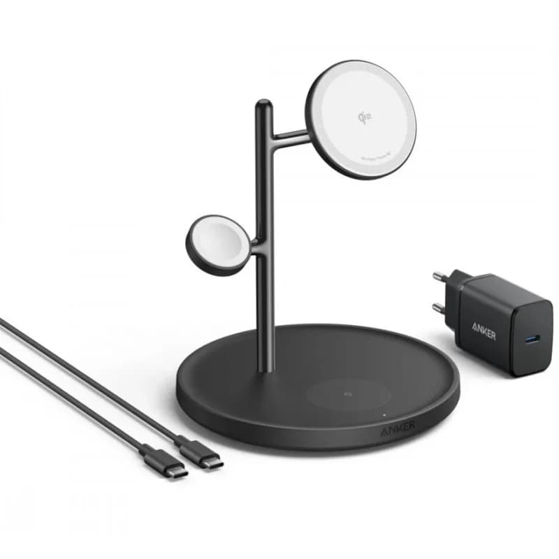 Stand incarcare wireless Anker, MagGo 3-in-1, 15W, fast charge, compatibl Apple, 1 x USB-C incarcare, negru, "B25M3312" - 0194644077273 — miniatură