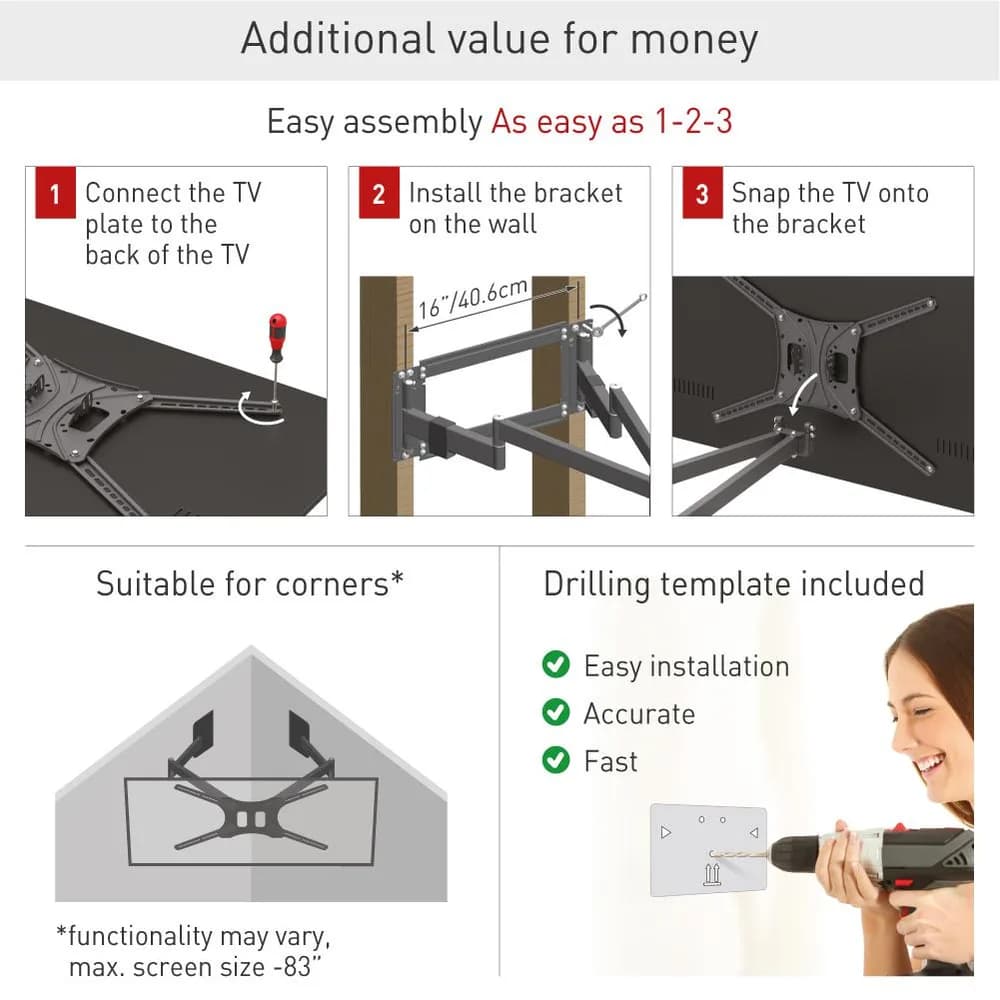Suport TV plat/curbat de perete cu 2 brate Barkan BM464XL, 13"- 83", Max 50kg, VESA 600x400, negru — miniatură