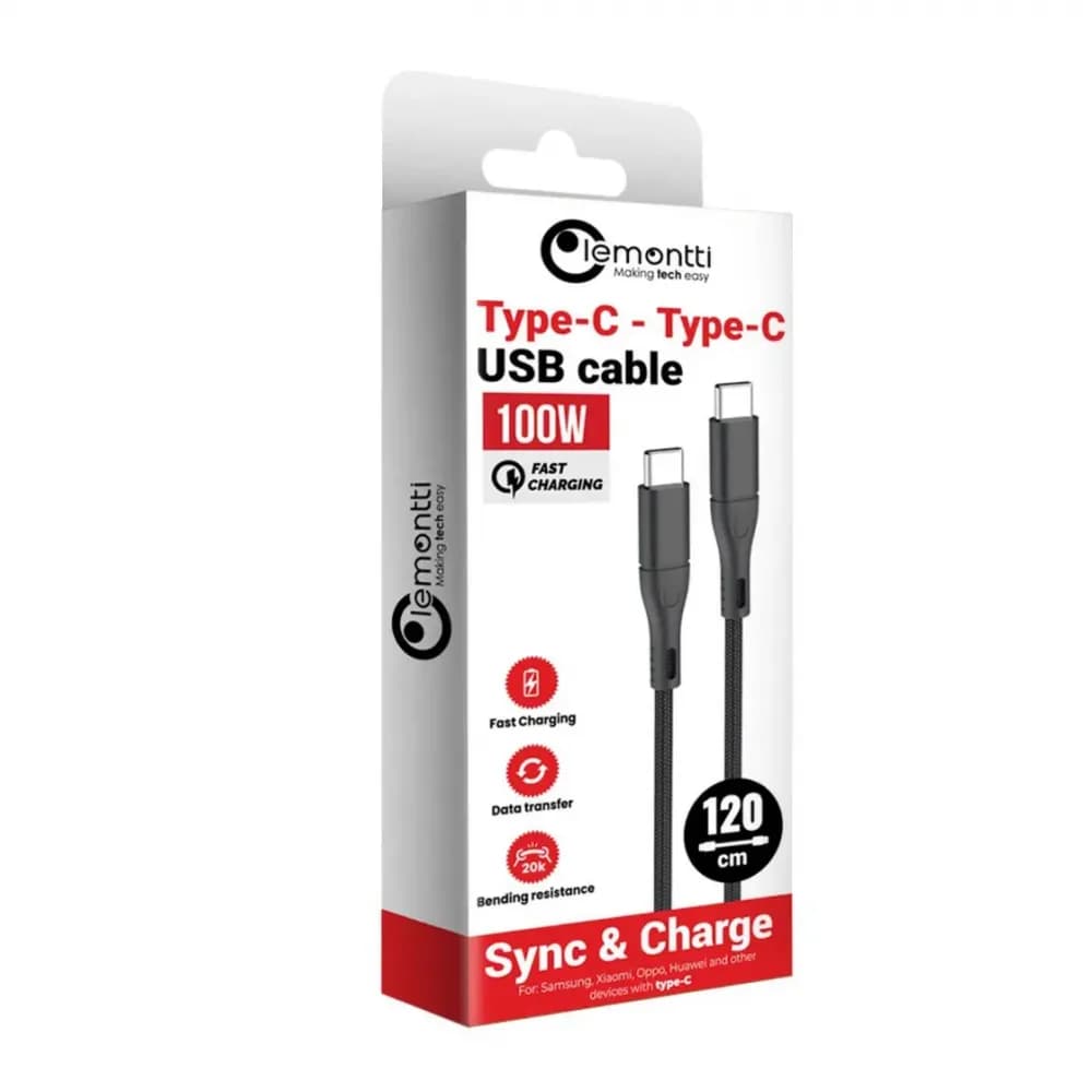Cablu Lemontti Super Fast Charge Type-C la Type-C, PD 100W, putere: 100W：5V/3A、9V/3A、12V/3A、15V/3A、20V/5A, lungime 1.2m, cablu — miniatură