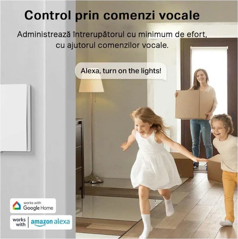 TP-LINK TAPO S220 intrerupator inteligent dublu (NECESITA HUB TAPO), Wireless: 868 MHz, incarcare maxima: 600 W LED/600W CFL/1000W INC/1000WFTL/Ventilator de 50 W, Dimensiuni: 87.1 × 86 × 41 mm, Alimentare: 2× Baterii AAA 1.5 V — miniatură