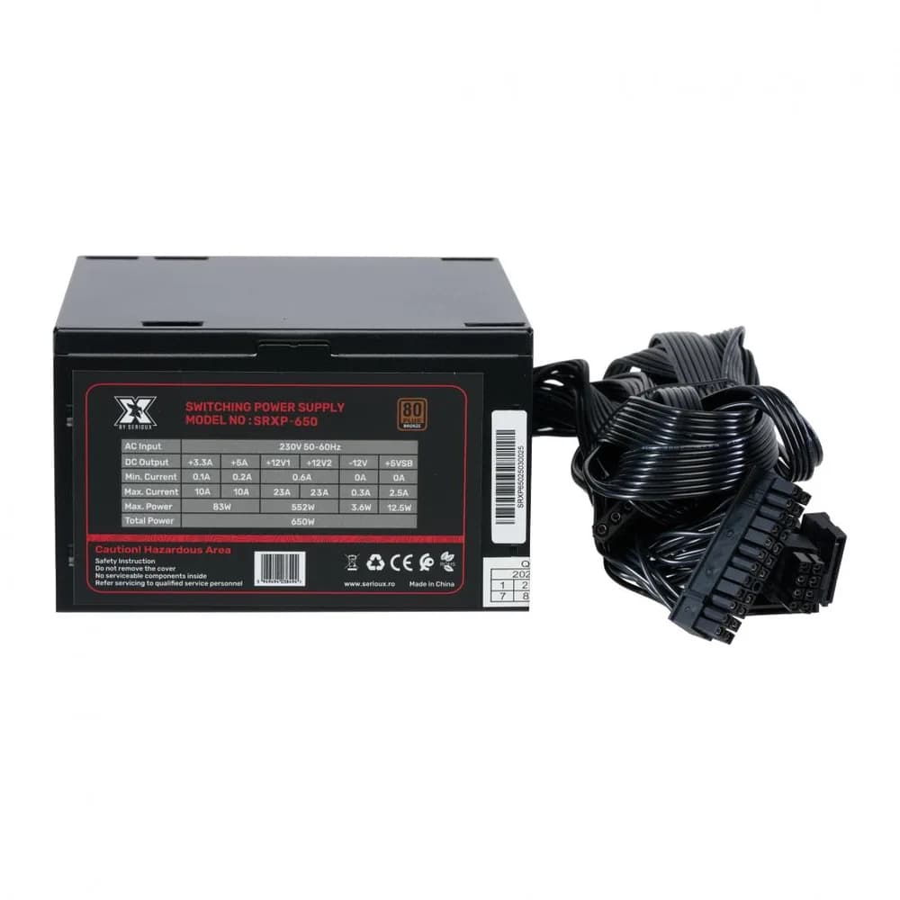 Sursa Serioux Energy 650W, 80+ BRONZE, Ventilator 12cm, ATX, material metal, cabluri: 20+4-pin, 1x4+4-pin, 2x6+2-pin, negru — miniatură