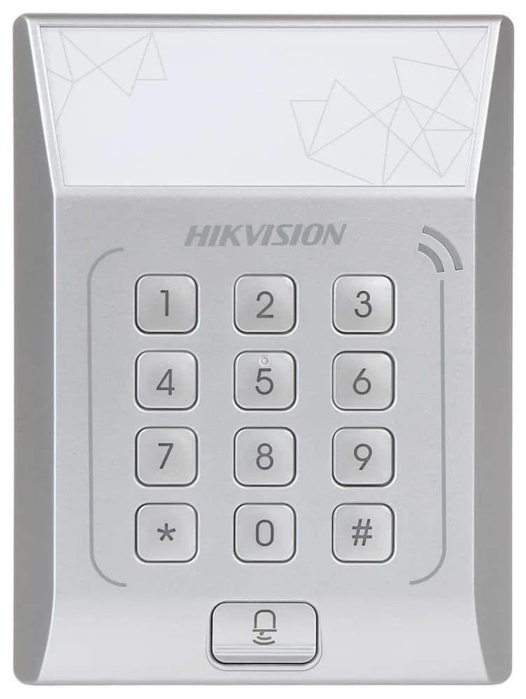Cititor standalone cu tastatura si card de proximitate Hikvision, DS- K1T801M; suporta cartele MIFARE, Capacitate 3000 cartele, Autentificare: card sau card si parola; Intrari: buton de iesire x1, contact de usa x1; Iesiri: sonerie x1, incuietoare electrica x1; Alimentare: DC 12V/1A; Dimensiuni