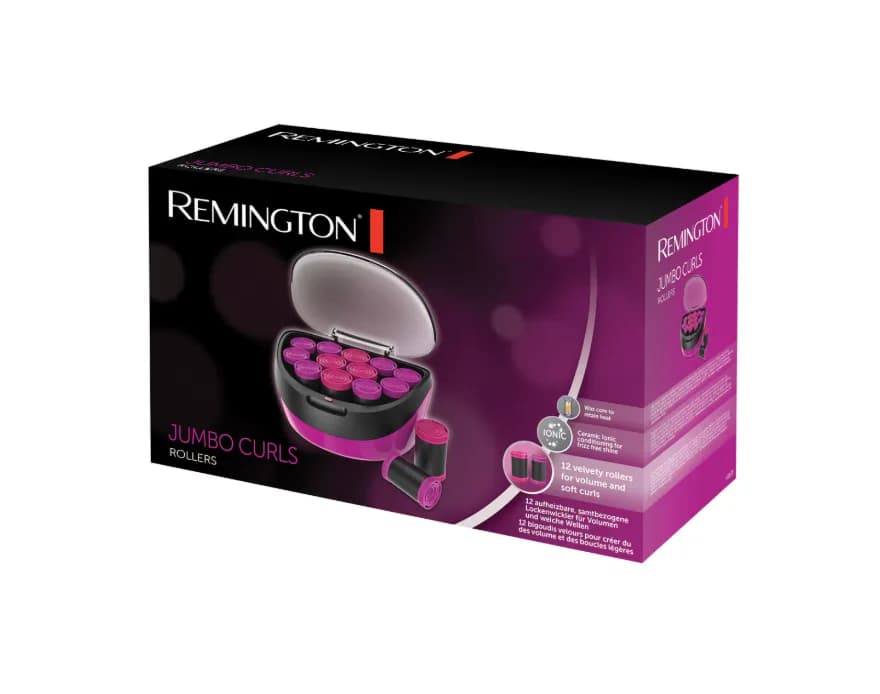 Trusa de bigudiuri electrice Remington Jumbo Curls H5670, 12 bigudiuri, 2 dimensiuni extra mari, Invelis catifea, Ionizare, Nucleu ceara, Mov — miniatură