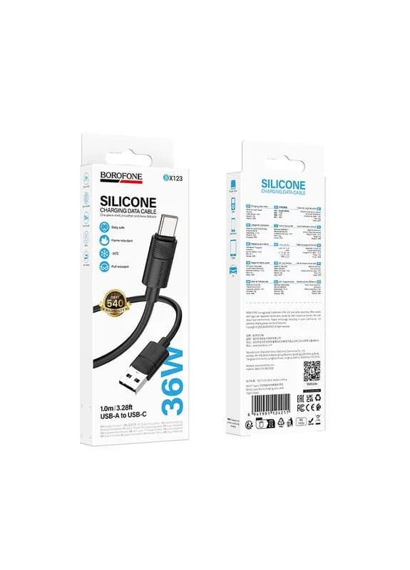CABLU alimentare si date Borofone "BX123", Charging Data Cable pt. smartphone, USB la USB Type-C, 3A, 1m, negru "6941991124211" — miniatură