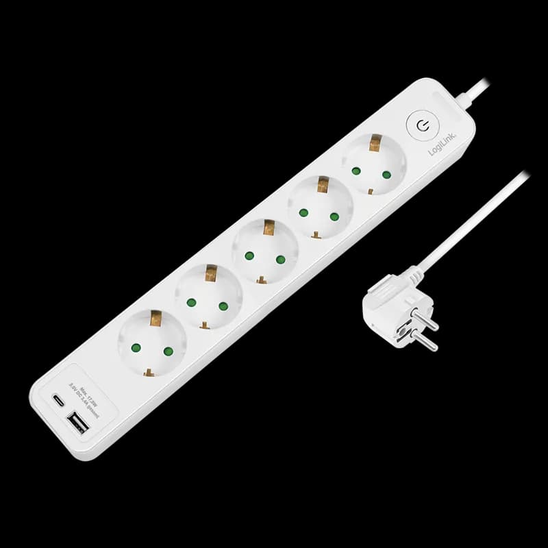 PRELUNGITOR LOGILINK, Schuko x 5, conectare prin Schuko (T), ON/OFF, 16 A, 1xUSB-A, 1xUSB-C, cablu 1.5m, protectie IP20, alb, "LPS280U" — miniatură