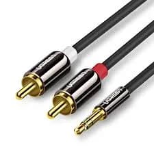 CABLU audio Ugreen, "AV116" stereo 3.5 mm jack (T) la 2 x RCA (T), 1.5m, conectori auriti, negru "10583" - 6957303815838