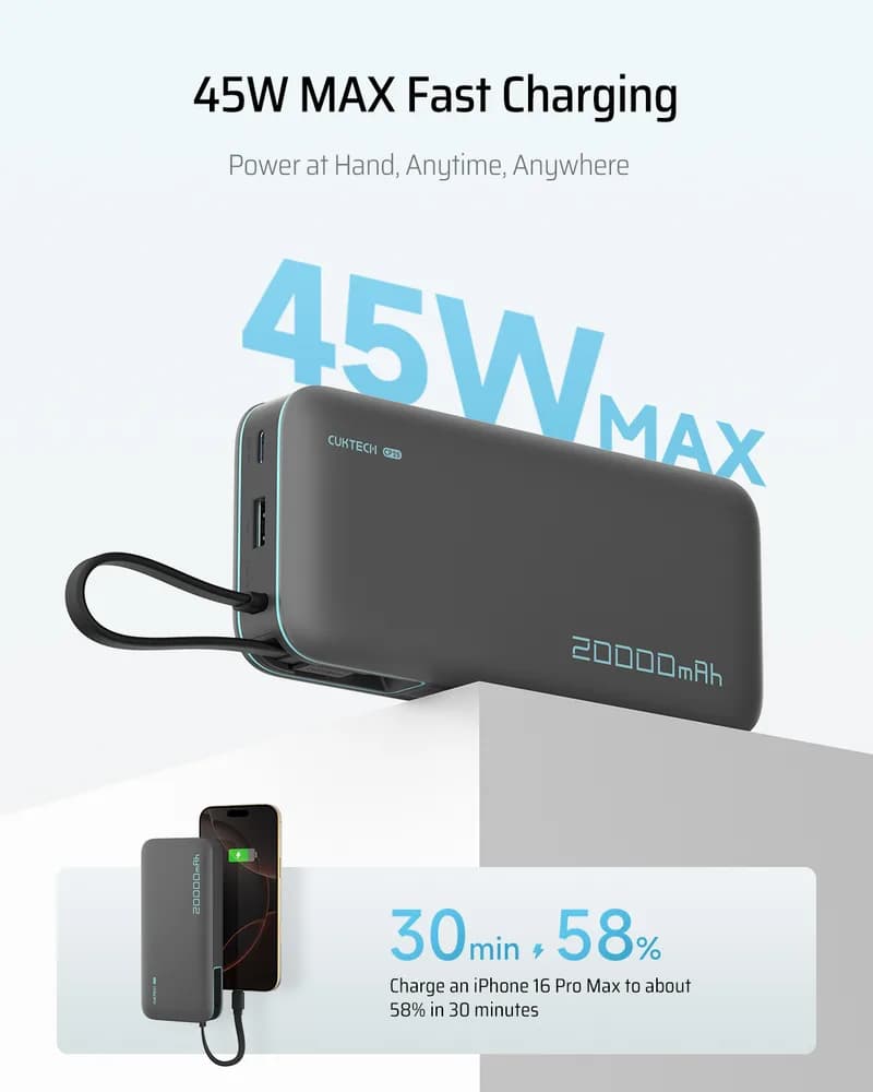 POWER BANK Cuktech CP25, 20000mAh, 55W, 1 x USB; 1 x USB Type-C, 1 x cablu USB Tpe-C integrat, digital display pt. status baterie, gri "CUKP200NGLDG" — miniatură