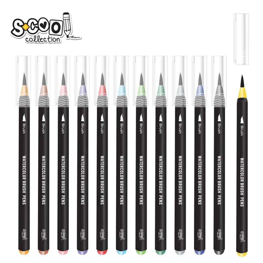 Set markere cu varf tip pensula pe baza de apa + pensula cu rezervor, 12+1 - S-COOL — miniatură