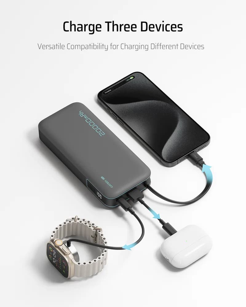 POWER BANK Cuktech CP25, 20000mAh, 55W, 1 x USB; 1 x USB Type-C, 1 x cablu USB Tpe-C integrat, digital display pt. status baterie, gri "CUKP200NGLDG" — miniatură