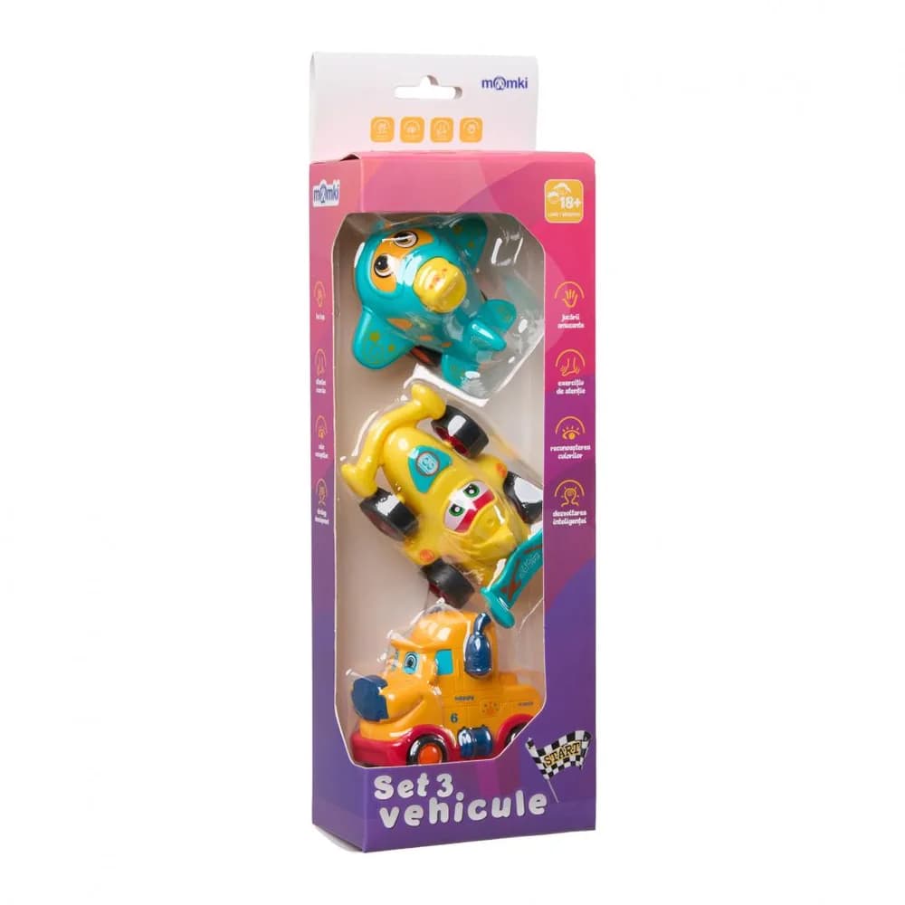 SET 3 VEHICULE ACTIONATE PRIN INERTIE- CAMION GALBEN, MASINA DE CURSE GALBENA, AVION ALBASTRU,MOMKI — miniatură