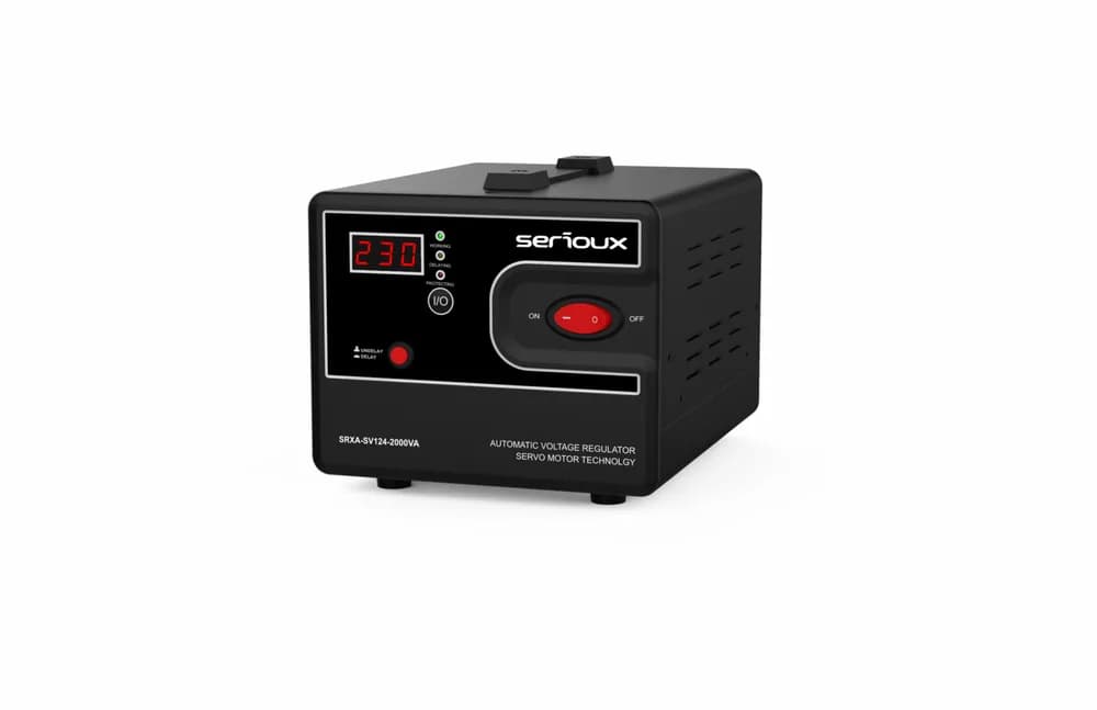 Stabilizator de tensiune Serioux Servo 124-2000VA, putere 2000VA/1200W, tip servo motor, transformator toroidal+ Servo motor, interval tensiune intrare 150V ~ 260V, interval frecvența intrare 45Hz ~ 65Hz, tensiune de ieșire 230V, precizie de ieșire ±3%, prize: 2x Schuko, distorsiuni <3%, eficienţă