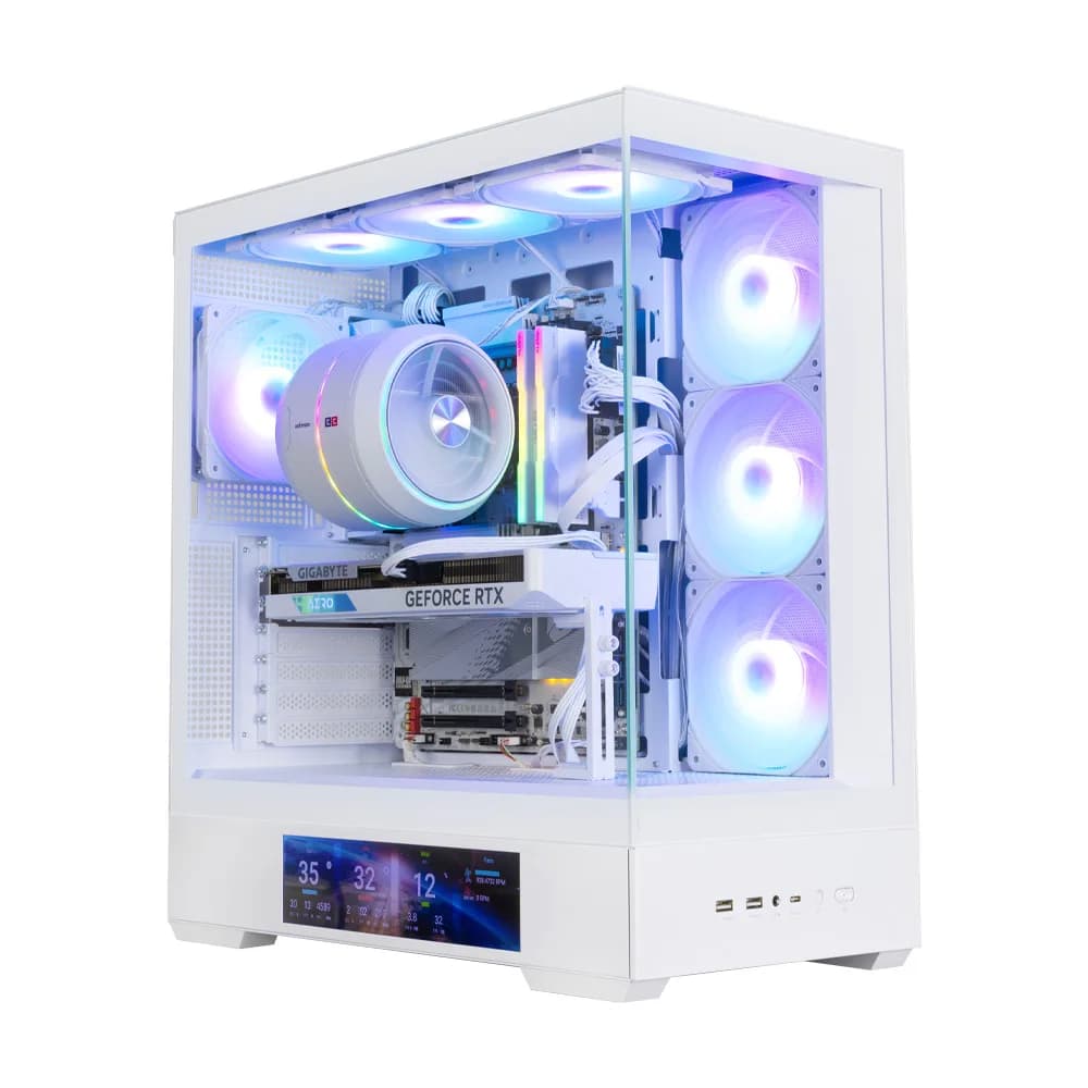 CARCASA Zalman "P40 DS", middle tower, gaming, fara sursa, suporta 10xfan, 4xfan inclus, PSU shroud, display 9.1inch, MB BTF, USB Type-C x 1, USB 3.1 gen1 x 2, audio+mic, alb, "P40 DS White" — miniatură