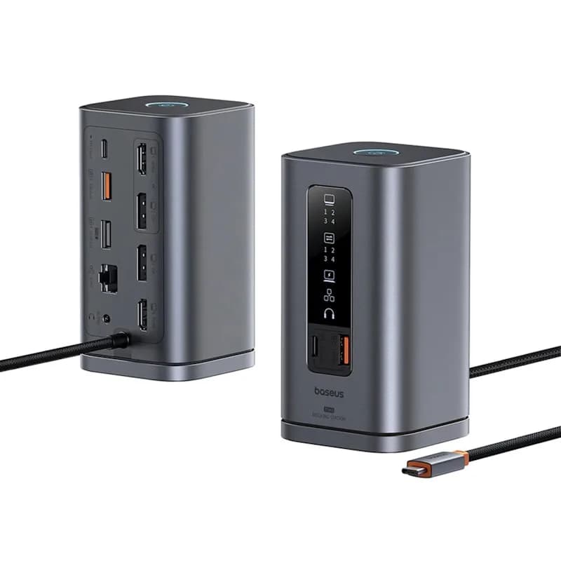 DOCKING Station Baseus Spacemate RD1 Series 11-in-1, conectare PC USB-C,2xHDMI 4K@60Hz,2xDP 4K@60Hz,2xUSB-A (10Gbps),1xUSB-C (10Gbps),1xRJ45,1xUSB-A (480Mbps),1xUSB-C (PD),1x3.5mm, incarcator(EU), gri "B0112701" - 693217269307