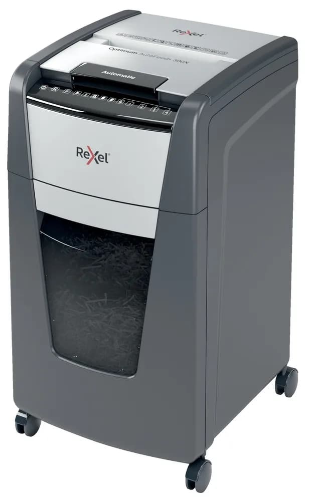 Distrugator automat documente Rexel OPTIMUM 300X, 300 coli, P4, cross-cut (tip confeti), cos 60 litri, negru-gri, "2020300XEU"