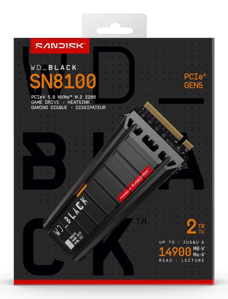 SSD WD_BLACK SN8100 HeatSink 2TB M.2 2280 PCIe Gen5 x4 NVMe, Read/Write: 14900/14000 MBps, IOPS 2300K/2400K, TBW: 1200, powered by SanDisk "WDS200T1XHM-00CMT0" — miniatură