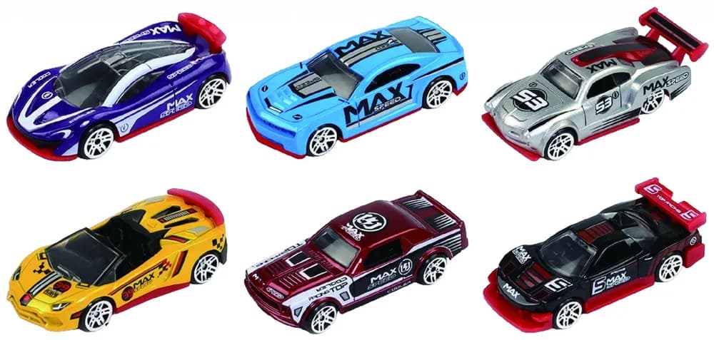 MACHETA DIE CAST, SET 6 MASINI CURSE, SCARA 1/64, 7.5CM, DIVERSE MODELE SI CULORI- PORTOCALIU, GALBEN, BLEU, GRI, ALBASTRU, ALB, NEGRU — miniatură
