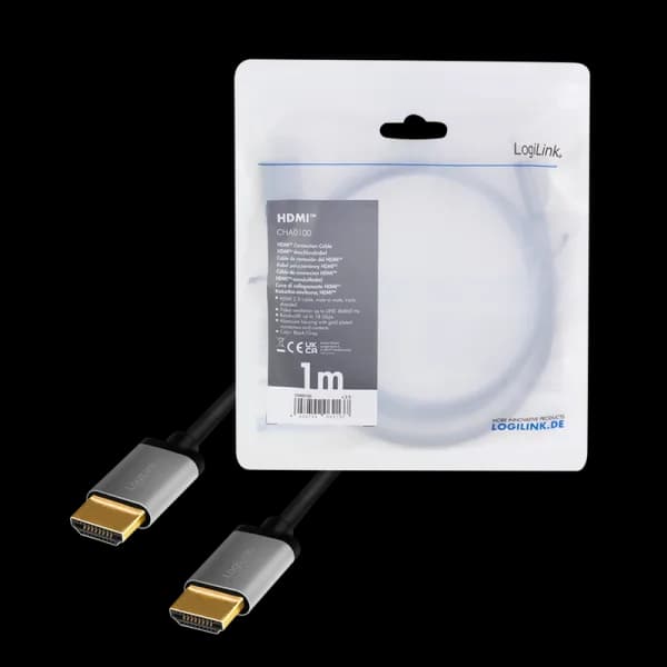 CABLU video LOGILINK, HDMI (T) la HDMI (T) 2.0, 1m, conectori auriti, rezolutie maxima 4K (3840 x 2160) la 60 Hz, aluminiu, triplu ecranaj, negru-gri, "CHA0100" — miniatură