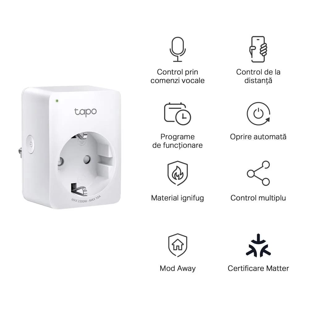 TP-LINK TAPO P100M Mini priză Wi-Fi smart, compatibilă cu Matter, WIFI Protocol: IEEE 802.11b/g/n, Bluetooth, 2.4Ghz, Dimensiuni: 72 × 51 × 40 mm, Cerinte de alimentare: 100-240V~, Incarcare maxima: 2,300W, 10A. — miniatură