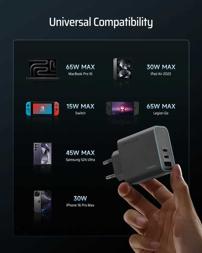 INCARCATOR retea Cuktech 2C1A Quick Charge 65W, 2 x USB Type-C Output, 1 x USB Output, include cablu USB Type-C la USB Type-C 1m, negru "CUKAD653EUGR" — miniatură
