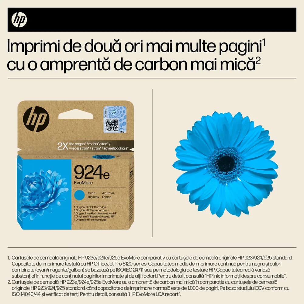 Cartus Cerneala Original HP Cyan, nr.924E, pentru OJ Pro 8122e|8132e, 0.8K, incl.TV 1.2 RON, "4K0U7NE" — miniatură