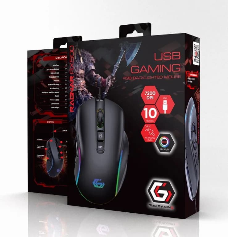 MOUSE GEMBIRD, gaming, cu fir, USB, optic, 7200 dpi, butoane/scroll 10/1, iluminare, cablu 1.8m, negru, "MUSG-RAGNAR-RX500" — miniatură