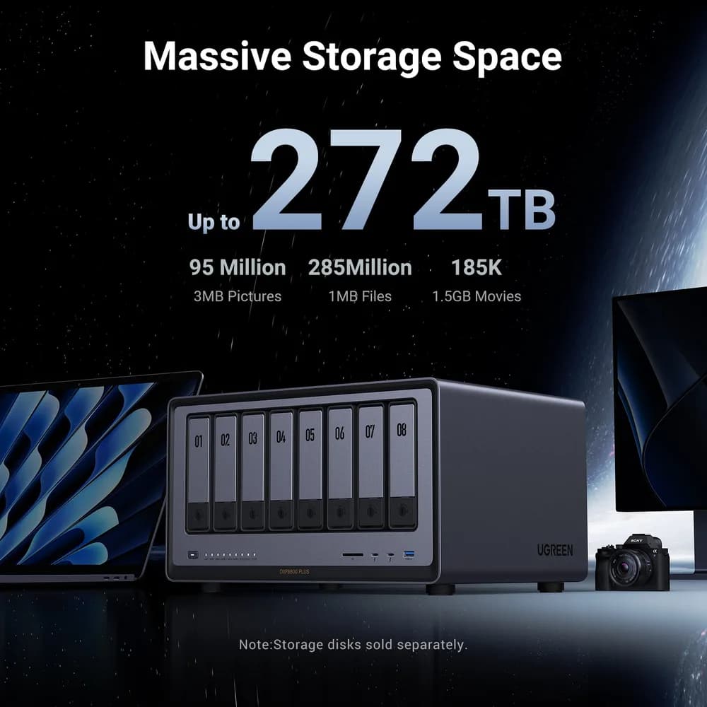 NAS Ugreen "DXP8800Plus", CPU i5 4.40 GHz, RAM DDR5 8Gb max 64Gb, SATA 24Tx6 si M.2 8Tx2, LAN 10Gbx2, 2xThunderbolt4, 2xUSB3, HDMI 2.1 8K, card reader, "35127B" - 6941876267545 — miniatură