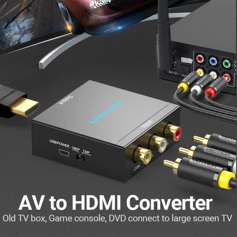 Convertor video Vention, HDMI (M) la RCA (M), switch 1080p/720, alimentare prin miniUSB-B inclus, carcasa metalica, conectori auriti, negru, "AEFB0" - 6922794746145 — miniatură