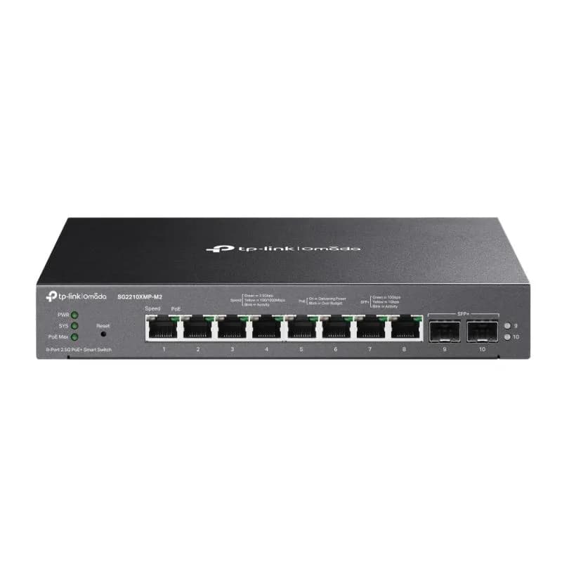 Omada 8-Port 2.5GBASE-T and 2-Port 10GE SFP+ Smart Switch with 8-Port PoE+ PORT: 8× 2.5G PoE+ Ports, 2× 10G SFP+ Slots SPEC: 802.3at/af, 160 W PoE Power, Desktop & Fanless Steel Case FEATURE: Integration with Omada SDN Controller, Static Routing, 802.1Q VLAN, STP/RSTP/MSTP, IGMP Snooping