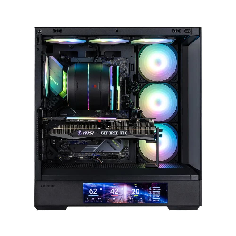 CARCASA Zalman "P40 DS", middle tower, gaming, fara sursa, suporta 10xfan, 4xfan inclus, PSU shroud, display 9.1inch, USB Type-C x 1, USB 3.1 gen1 x 2, audio+mic, negru, "P40 DS Black" — miniatură