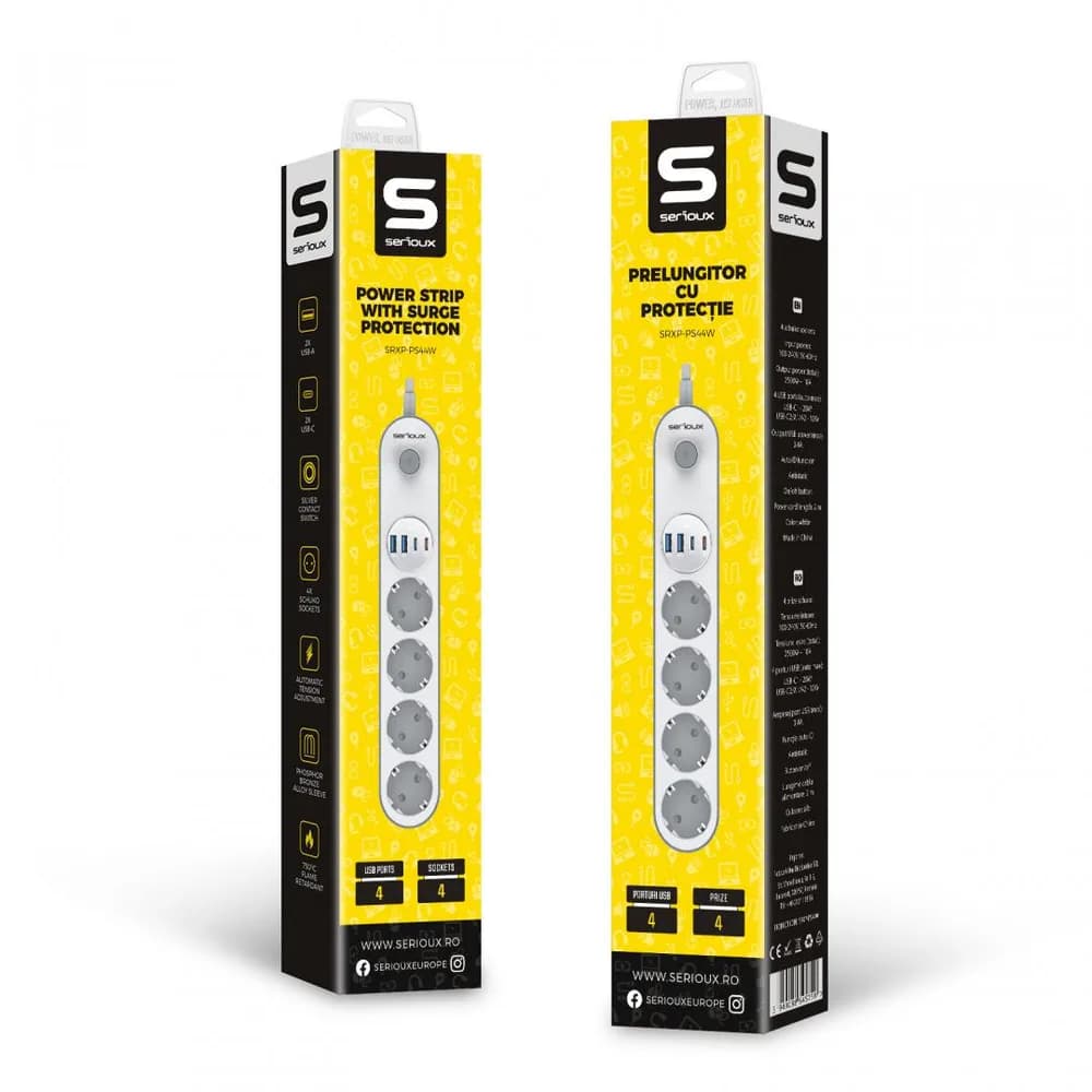 Prelungitor cu protectie Serioux SRXP-PS44W, 4 prize schuko, Tensiune intrare: 100-240V, 50-60Hz, Tensiune ieşire (total): 2500W-10A, 4 porturi USB (auto max), USB-C1-20W si USB-C2/A1/A2-12W, Amperaj port USB (max): 3.4A, Funcţie auto ID — miniatură