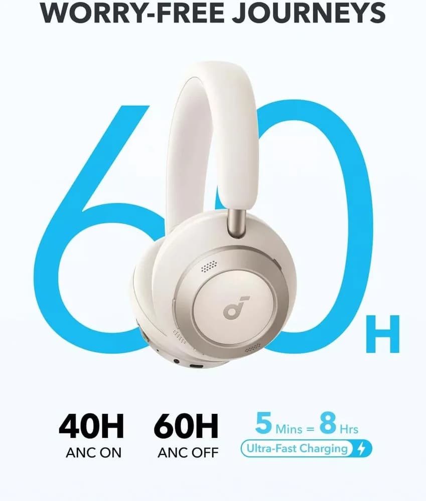 Casti Anker "Soundcore Space One Pro", Over-Ear, utilizare multimedia, Bluetooth 5.3, 4 x mic, durata baterie pana la 60 ore, pliabile, ANC, alb, "A3062G21" - 0194644186838 — miniatură
