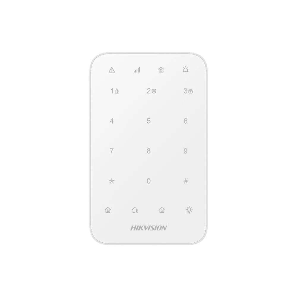 Tastatura wireless AX PRO Hikvision DS-PK1-E-WE, 868MHz two-way Tri-X wireless technology; distanta comunicare RF : 1200min camp deschis; Stay/away arming, disarming, alarm clearing for anumite zone sau pentru toate zonele; One-Push fire alarm, panic alarm, and medical alarm (Silent/Audible alarm