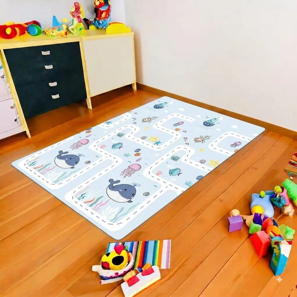 Covor de joaca pentru copii U-Grow, din spuma, pliabil, 2 fete, impermeabil, izolant, 180 x 120 x 1 cm, design marin — miniatură