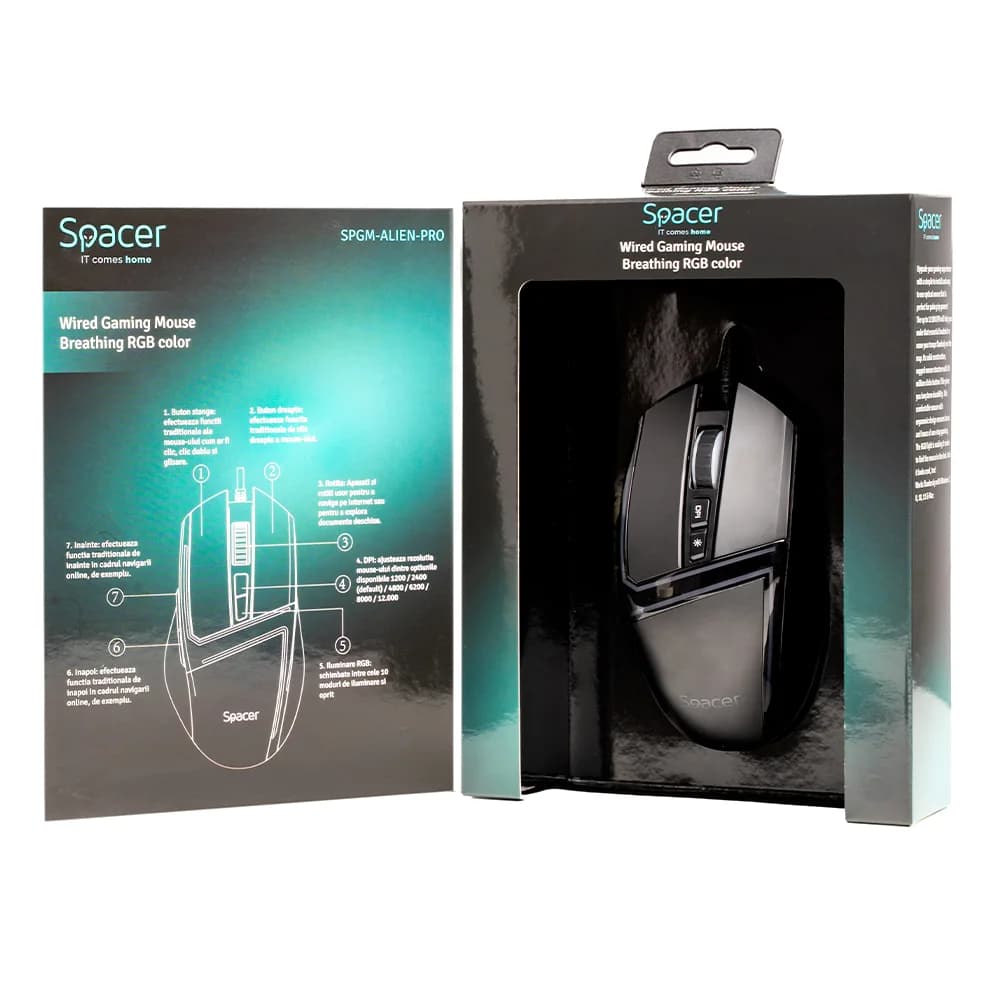 MOUSE Spacer - gaming, gaming, cu fir, USB, optic, 12.000 dpi, butoane/scroll 7/1, iluminare RGB, negru, "SPGM-ALIEN-PRO" — miniatură