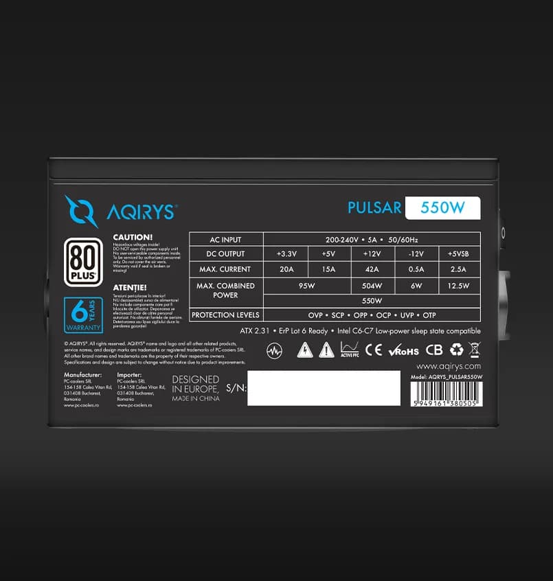 Sursa Aqirys Pulsar, 80 PLUS White, RGB, 550 W — miniatură