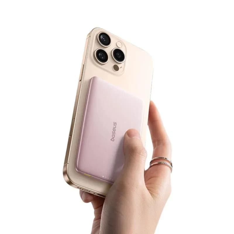 POWER BANK Baseus PicoGo, 5000mAh, 20W, 1 x USB Type-C, prindere magnetica incarcare wireless 15W, cablu integrat USB Type-C la USB Type-C 30cm, roz, "P1007680C453-00" - 6932172690663 — miniatură