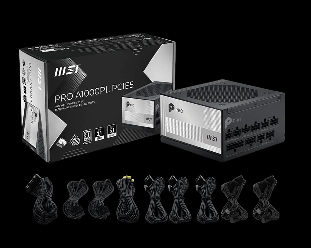 Sursa MSI PRO A1000PL PCIE5, 1000W, ATX, PCIe 5.1, 80 PLUS Platinum, Full Modulara, Negru "PRO A1000PL PCIE5" — miniatură