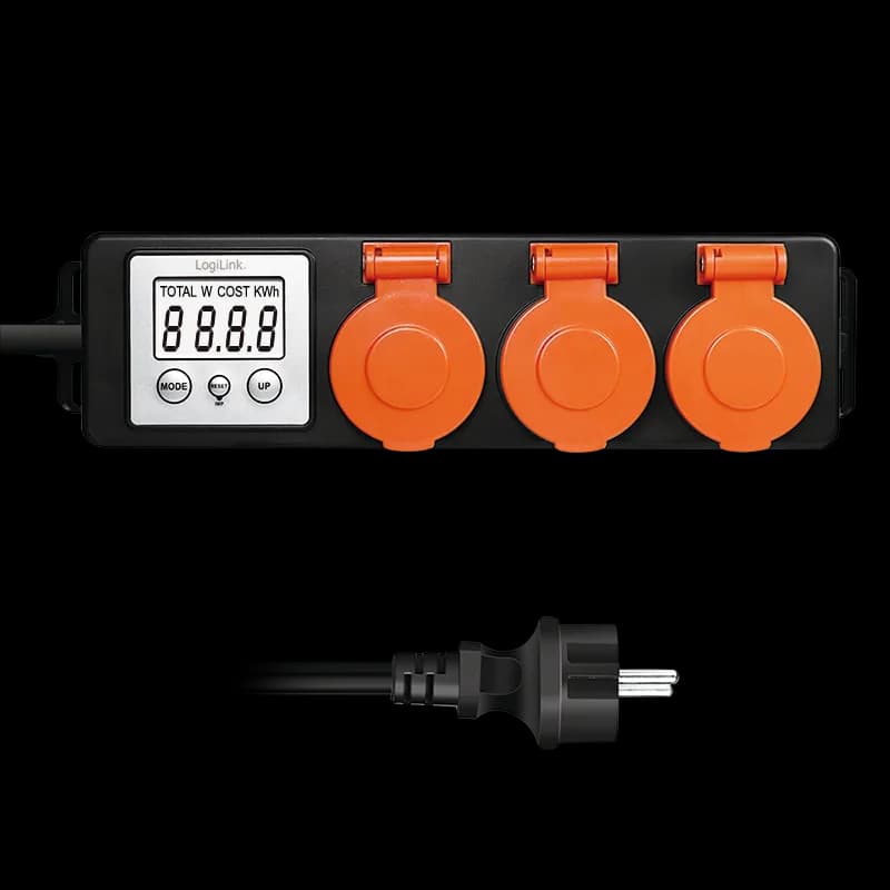 PRELUNGITOR LOGILINK, Schuko x 3, cablu 3G 1.5mm2, 230 V/16 A, 50 Hz, max. 3500 W, contor cost energetic, LCD, 3 butoane operare, IP44, de exterior, 1.4m, negru-portocaliu, "EM0008"