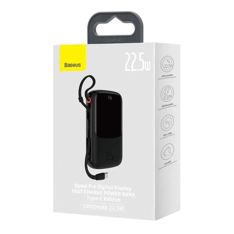 POWER BANK Baseus Qpow Pro Digital Display, 10000mAh, 22.5W, 1 x cablu integrat USB Type-C output/input, 1 x USB, 1 x Lightning, negru, "PPQD020101" - 6932172608484 — miniatură